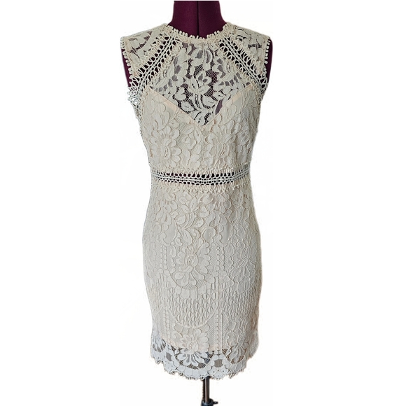 Main Strip Sleeveless Crochet Lace Knee Length Dress Cream Nude Womens - Picture 2 of 16